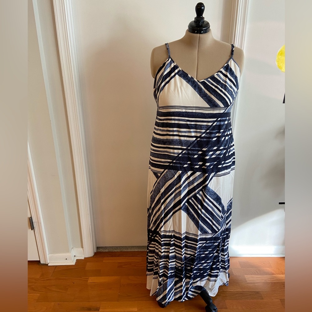 Loft maxi dress. Thin straps. blue stripes on a cream background.